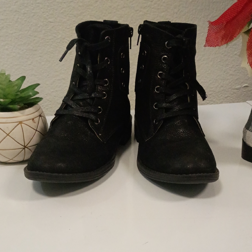 Women's Black Lace-Up Ankle Boots with Side Zip Detail